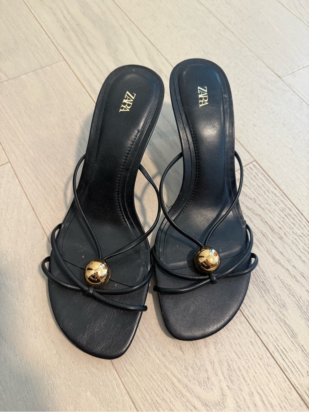 Zara Black Strappy Heeled Slides with Gold Orb Detail